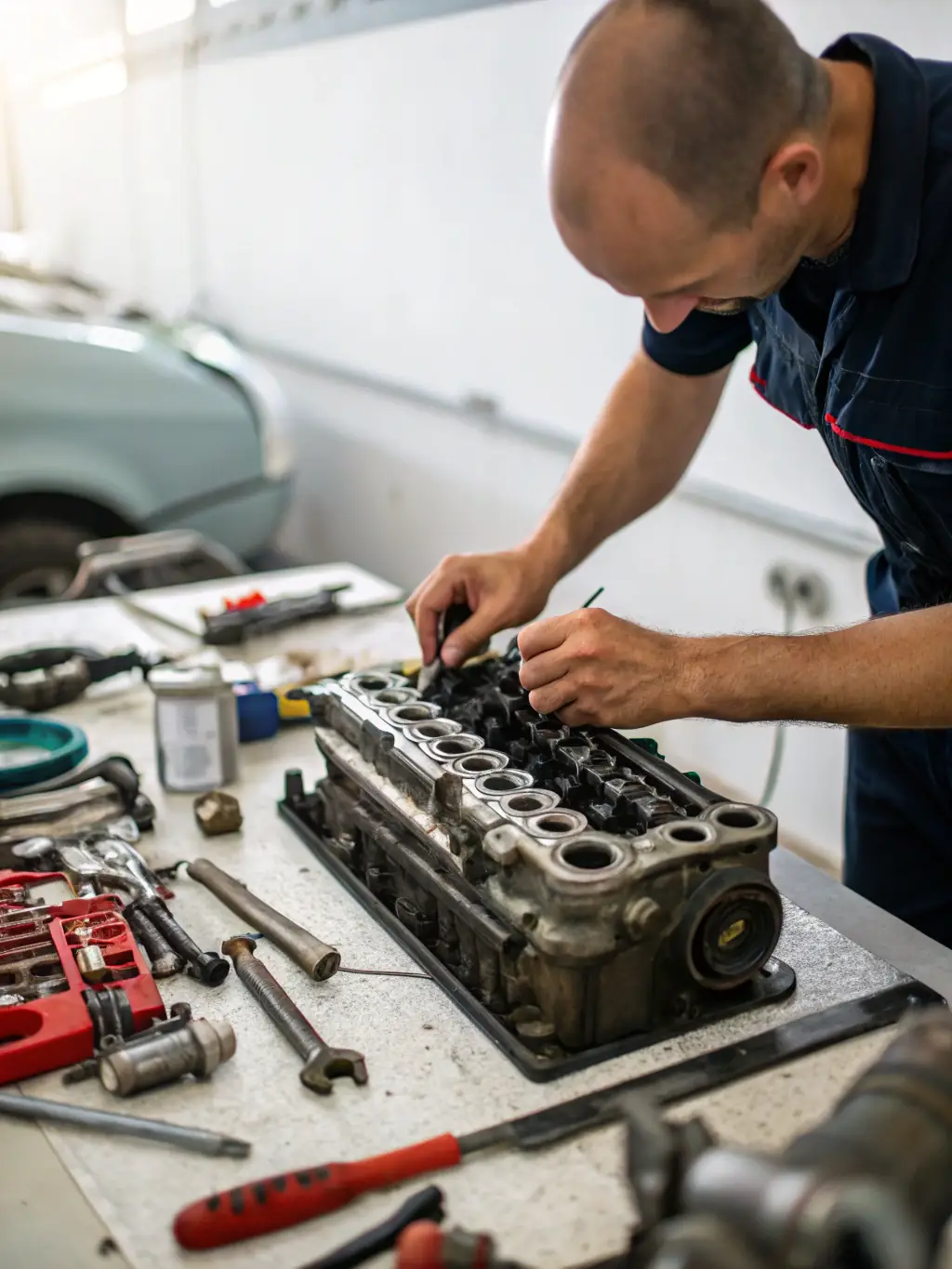 A mechanic working on the engine of an ATV in a well-equipped repair shop at CCC Powersports, showcasing the expertise and tools available for vehicle maintenance.